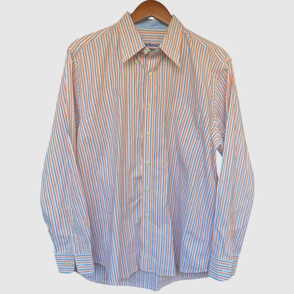 Barbour The Sporting Shirt Orange Blue Vertical Striped L/S Button Down - L - Picture 2 of 6